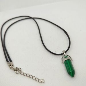 Malachite Healing Crystal Point Necklace Silver tone Leather Necklace 22" Cord
